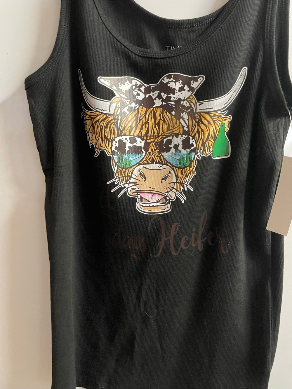 Time and Tru Black Tank Top with Colorful Highland Cow Graphic
